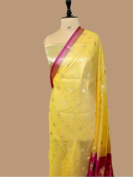 Lemon Gold Kota Silk Contrasting Borders Banarasi Saree