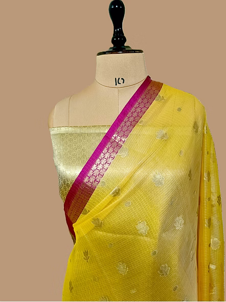 Lemon Gold Kota Silk Contrasting Borders Banarasi Saree