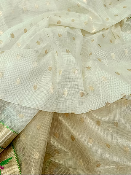 Exquisite White Kota Silk Banarasi Buti Saree - Elegant Indian Attire-4