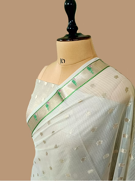 Exquisite White Kota Silk Banarasi Buti Saree - Elegant Indian Attire-2