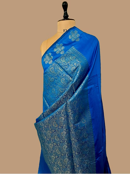 Peacock Plain Cotton Silk Banarasi Saree - Elegant Traditional Ethnic Wear-3