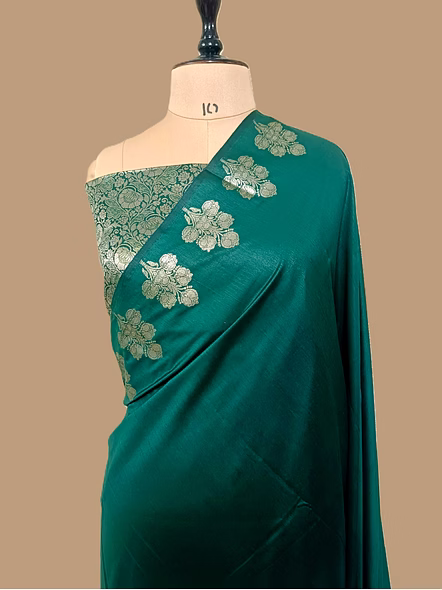 Rama Plain Cotton Silk Banarasi Saree - Elegant Ethnic Wear for Special Occasions