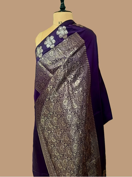 Elegance Redefined: Purple Plain Cotton Silk Banarasi Saree by Aanchal Fabric-3