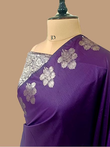 Elegance Redefined: Purple Plain Cotton Silk Banarasi Saree by Aanchal Fabric-2