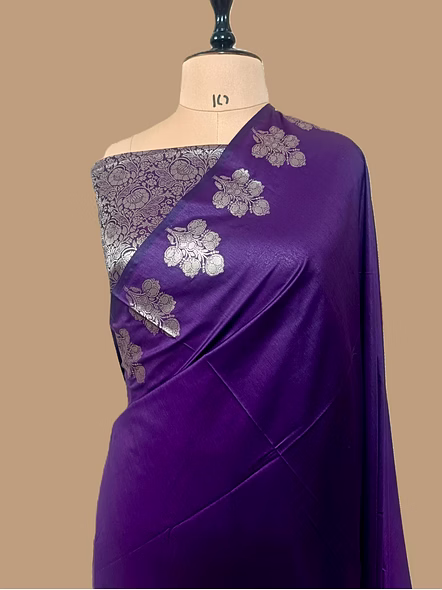 Elegance Redefined: Purple Plain Cotton Silk Banarasi Saree by Aanchal Fabric