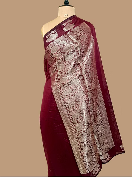 Elegant Maroon Cotton Plain Silk Banarasi Saree for Timeless Style-3