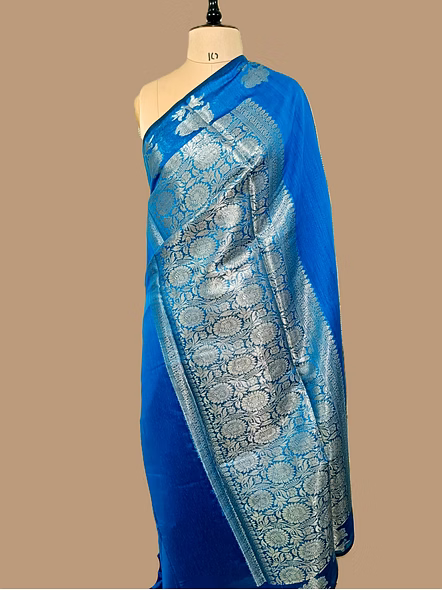 Peacock Plain Cotton Silk Banarasi Saree - Elegant Traditional Attire-3