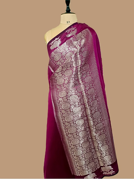 Premium Magenta Plain Cotton Silk Banarasi Saree - Aanchal Fabric-3