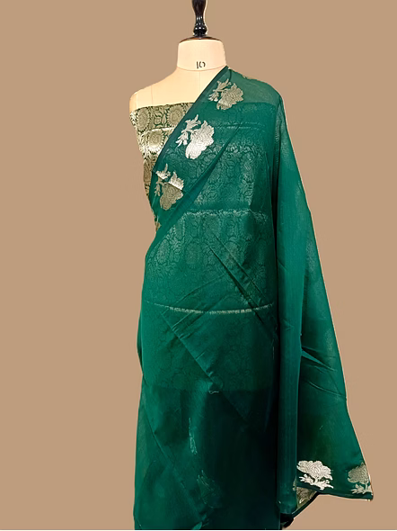 Rama Plain Cotton Silk Banarasi Saree - Exquisite Elegance for Every Occasion