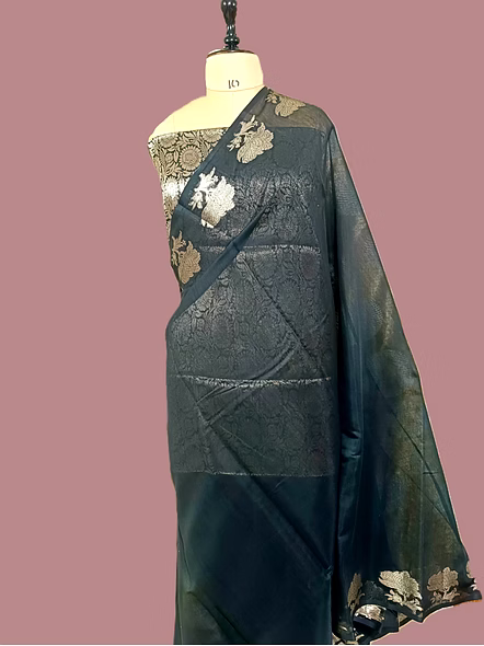 Elegant Black Plain Cotton Silk Banarasi Saree by Aanchal Fabric-1