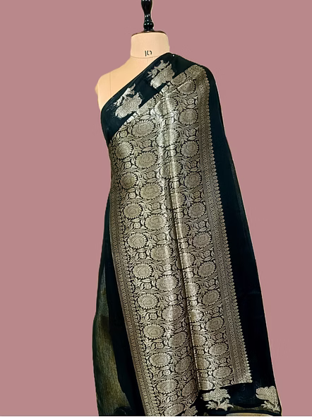 Elegant Black Plain Cotton Silk Banarasi Saree by Aanchal Fabric-3