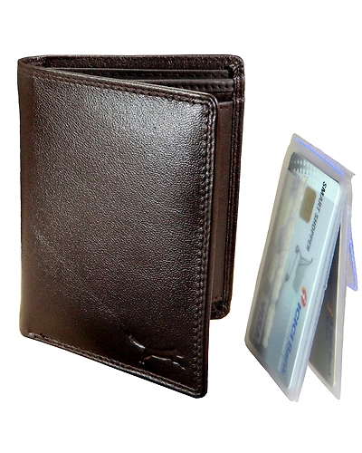 Front view of a premium quality men's leather wallet showcasing its sleek design and branded logo.