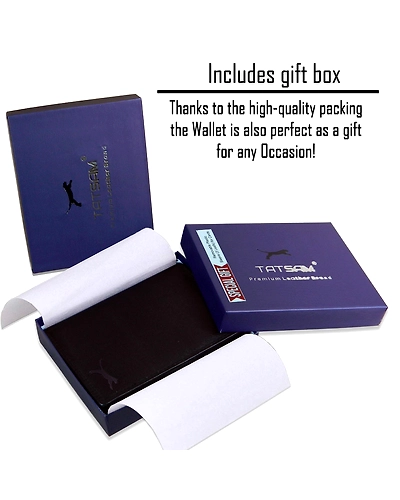 Elegant packaging of the men's leather wallet, designed for gifting, showcasing the wallet inside a