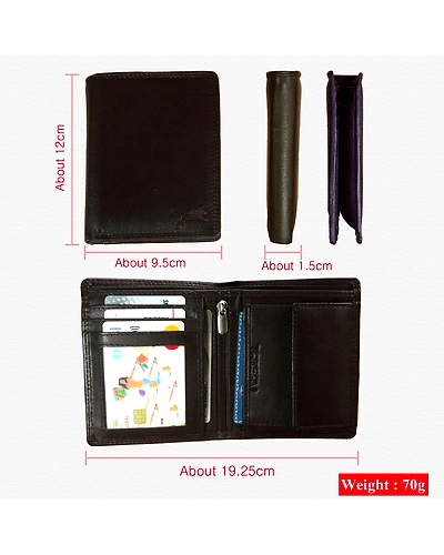 Sizes of the men's leather wallet displayed against a measuring tape to illustrate dimensions and co