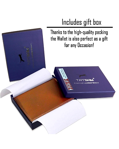 Elegant packaging of the men's leather wallet, designed for gifting, showcasing the wallet inside a