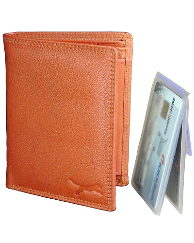 Front view of a premium quality men's leather wallet showcasing its sleek design and branded logo.