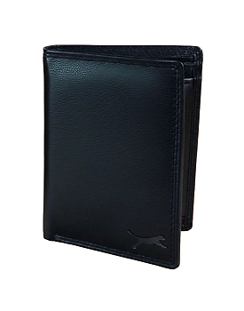 Front view of a premium quality men's leather wallet showcasing its sleek design and branded logo.