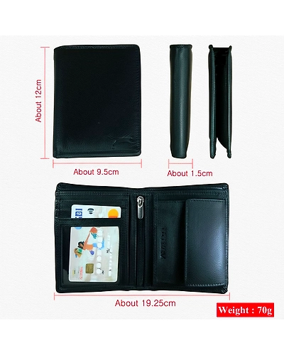 Sizes of the men's leather wallet displayed against a measuring tape to illustrate dimensions and co