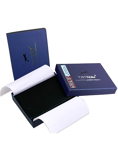 Elegant packaging of the men's leather wallet, designed for gifting, showcasing the wallet inside a 