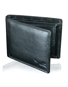 Front view of black leather wallet for men showcasing an elegant design