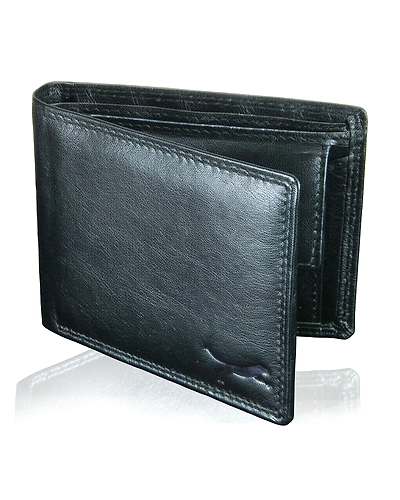 Front view of black leather wallet for men showcasing an elegant design