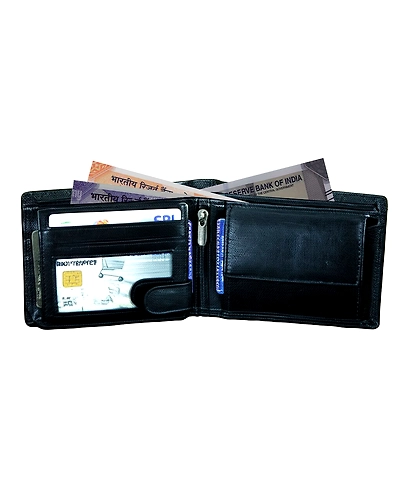 Close-up details of black leather wallet highlighting stitching and card slots