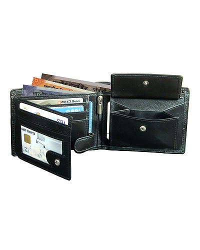 View of black leather wallet displaying the sleek minimalist design