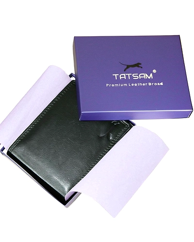 Black leather wallet neatly packed in a stylish gift box