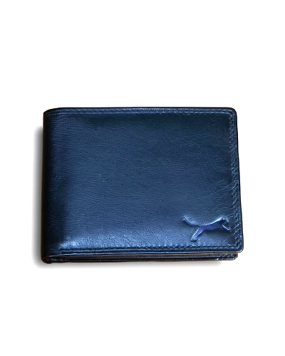 View of black leather wallet showing craftsmanship and finishing details