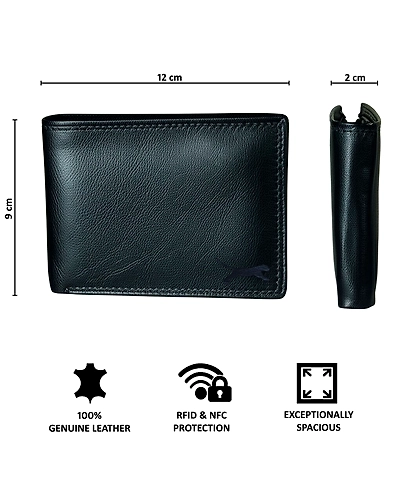 Sizes of the men's leather wallet displayed against a measuring tape to illustrate dimensions and co