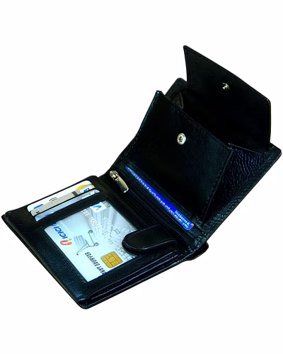 Open view of coin pocket in men's leather wallet with RFID protection