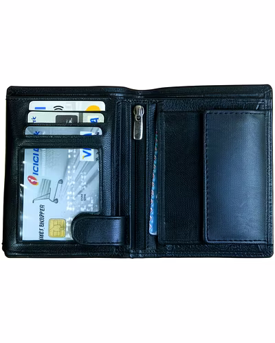 Men's leather wallet open view showcasing card slots and cash compartment