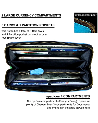 Interior view of Fantasy Paisley Peacock hand-painted leather ladies purse with card slots and coin 