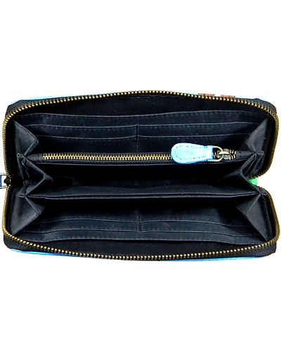 Open view of Fantasy Paisley Peacock hand-painted leather ladies purse showcasing interior compartme