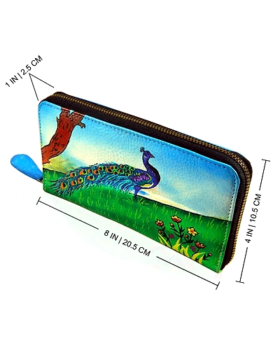 Side view of Fantasy Paisley Peacock hand-painted leather ladies purse for size reference