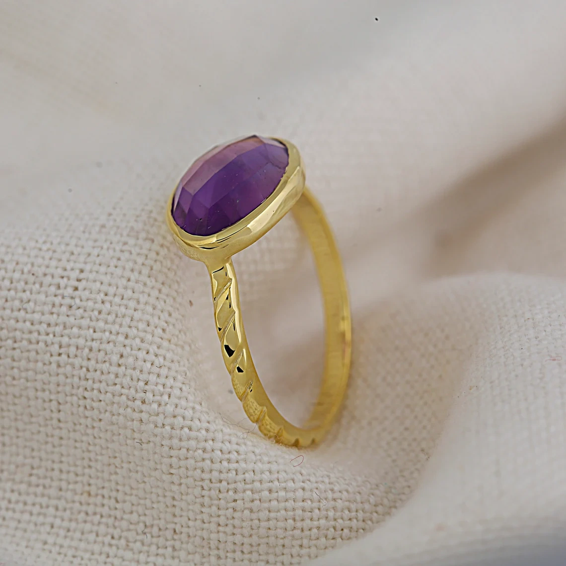 14K Solid Gold Amethyst Studded Ring Handmade Semi Precious Statement Stone Ring Dainty Minimal Statement Handmade knuckle Ring-10 3/4 US/Uk size – V-2