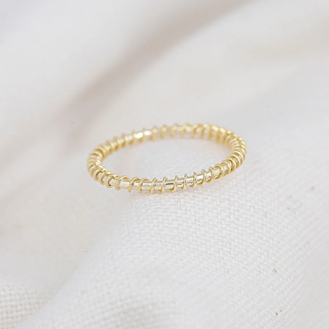 14K Solid Gold Plain Band Ring Handmade Charm Ring Knuckle Delicate Ring Boho Wire Wrap Minimalist Gold Dainty Stacking Ring Gift for Her-11393776