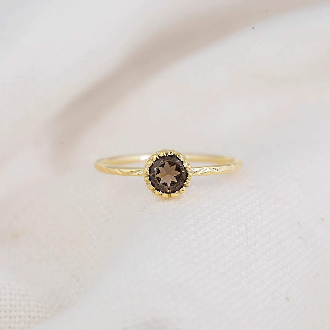 14K Solid Gold Champagne Quartz Studded natural Dainty Everyday Ring Minimalist Delicate Ring Light Weighted Inset Stone Handmade Jewelry-11392644