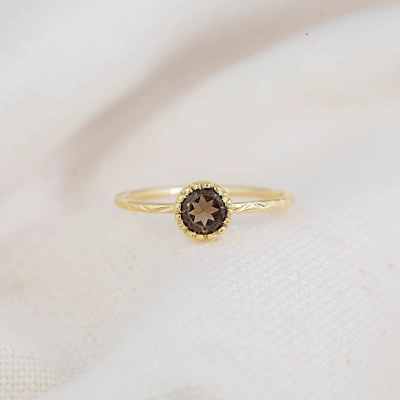 14K Solid Gold Champagne Quartz Studded natural Dainty Everyday Ring Minimalist Delicate Ring Light Weighted Inset Stone Handmade Jewelry