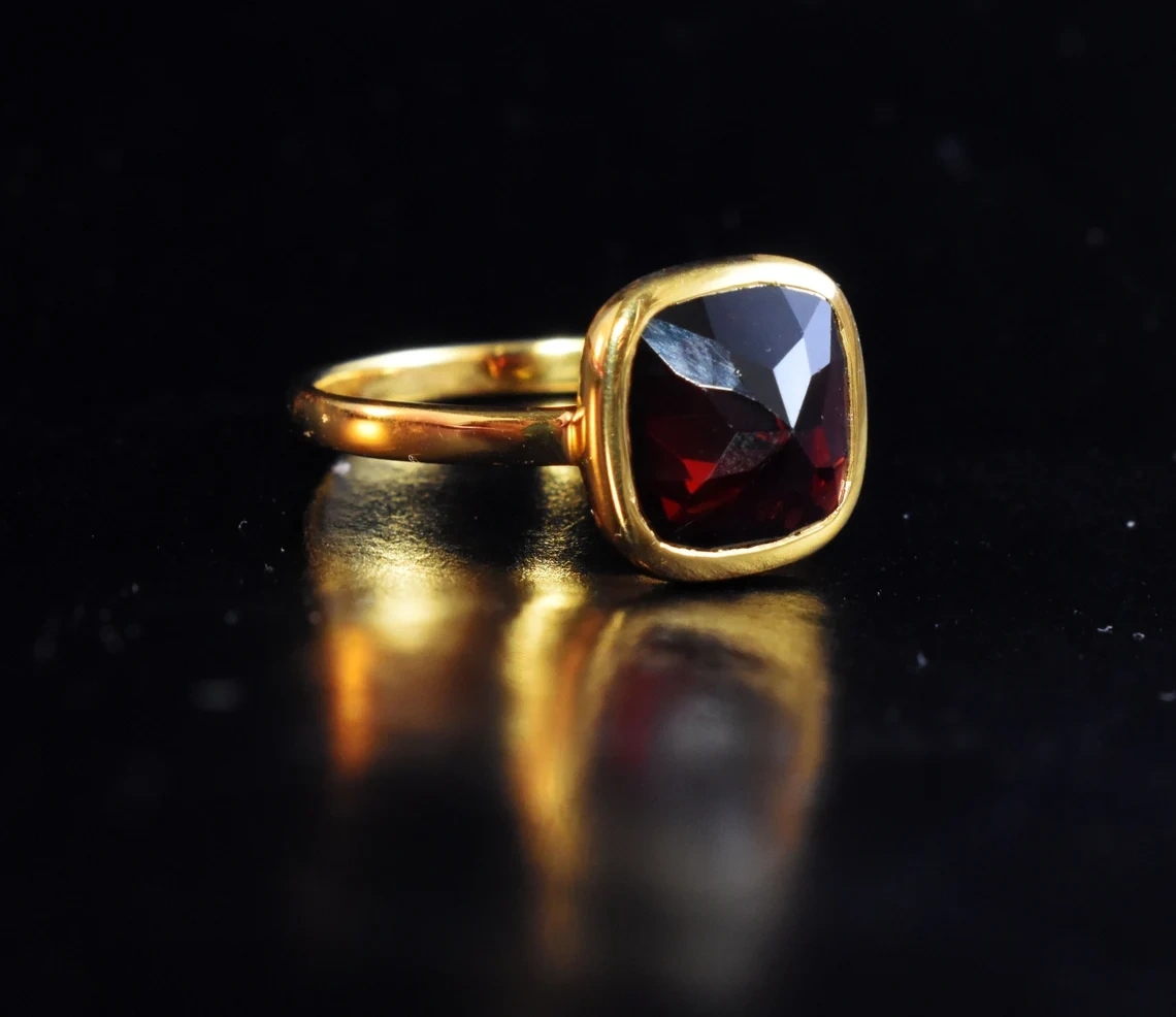 Natural Garnet Gold Plated Ring Vermeil 925 Sterling Silver Jewelry, Upside Down Garnet Studded, Red Gemstone Ring , Gift For Her-11392066