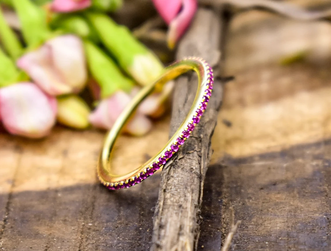 14K Solid Gold Inset Ruby Full Eternity Ring Handmade Tiny Precious Stacking Diamond Ring Dainty Minimal Statement Birthstone knuckle Ring-11390478