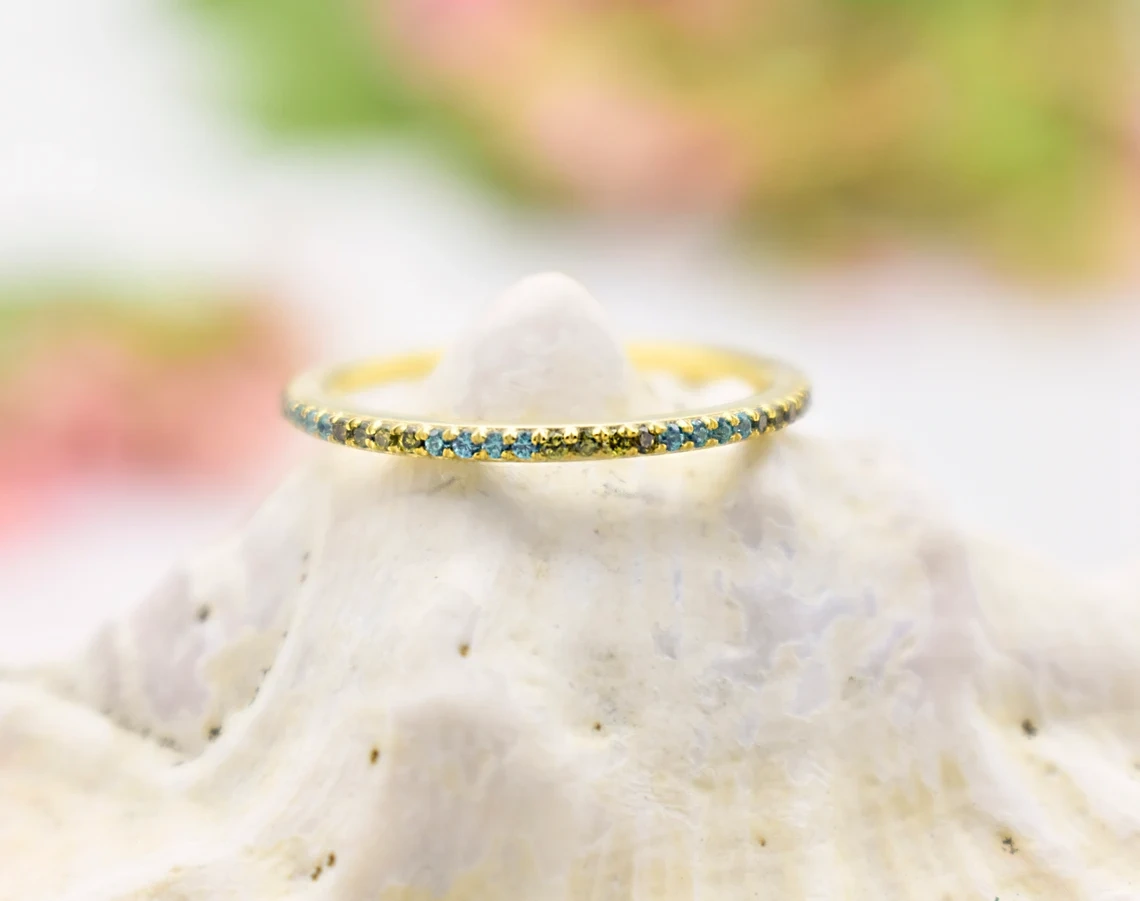 14K Solid Gold Blue Topaz Citrine Half Eternity Ring Tiny Precious Stacking Diamond Ring Dainty Minimal Statement Birthstone knuckle Ring-10 3/4 US/Uk size – V-3