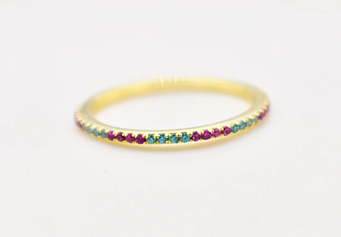 14K Solid Gold Blue Topaz Rhodolite Half Eternity Ring Tiny Precious Stacking Diamond Ring Dainty Minimal Statement Birthstone knuckle Ring-10 3/4 US/Uk size – V-3