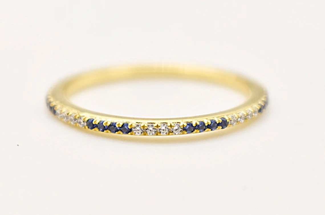 14K Solid Gold Blue Sapphire Diamond Half Eternity Ring Precious Stacking Diamond Ring Dainty Minimal Statement Birthstone knuckle Ring-11390908