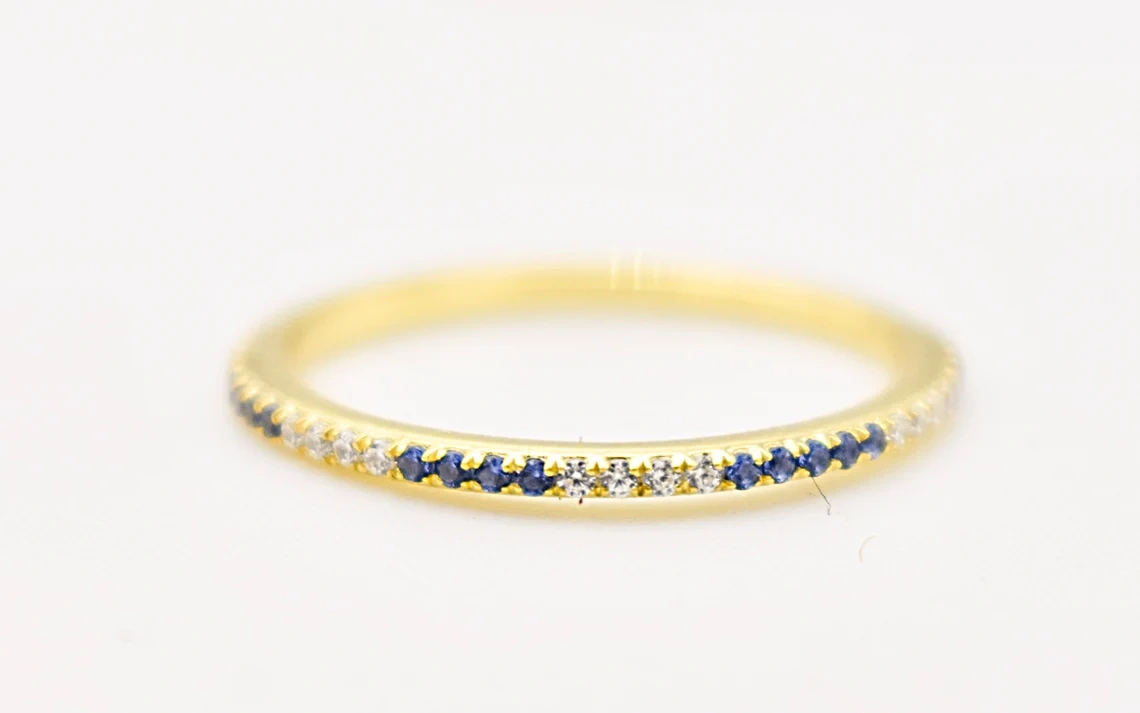 14K Solid Gold Blue Sapphire Diamond Half Eternity Ring Precious Stacking Diamond Ring Dainty Minimal Statement Birthstone knuckle Ring-10 3/4 US/Uk size – V-2