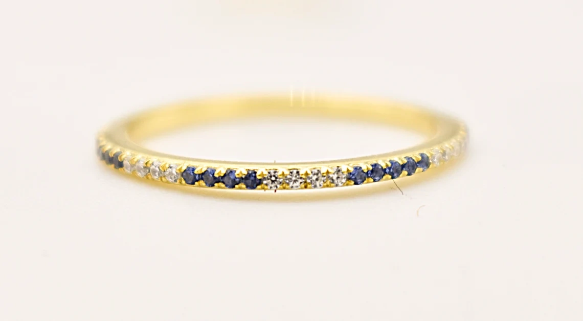 14K Solid Gold Blue Sapphire Diamond Half Eternity Ring Precious Stacking Diamond Ring Dainty Minimal Statement Birthstone knuckle Ring-10 3/4 US/Uk size – V-3