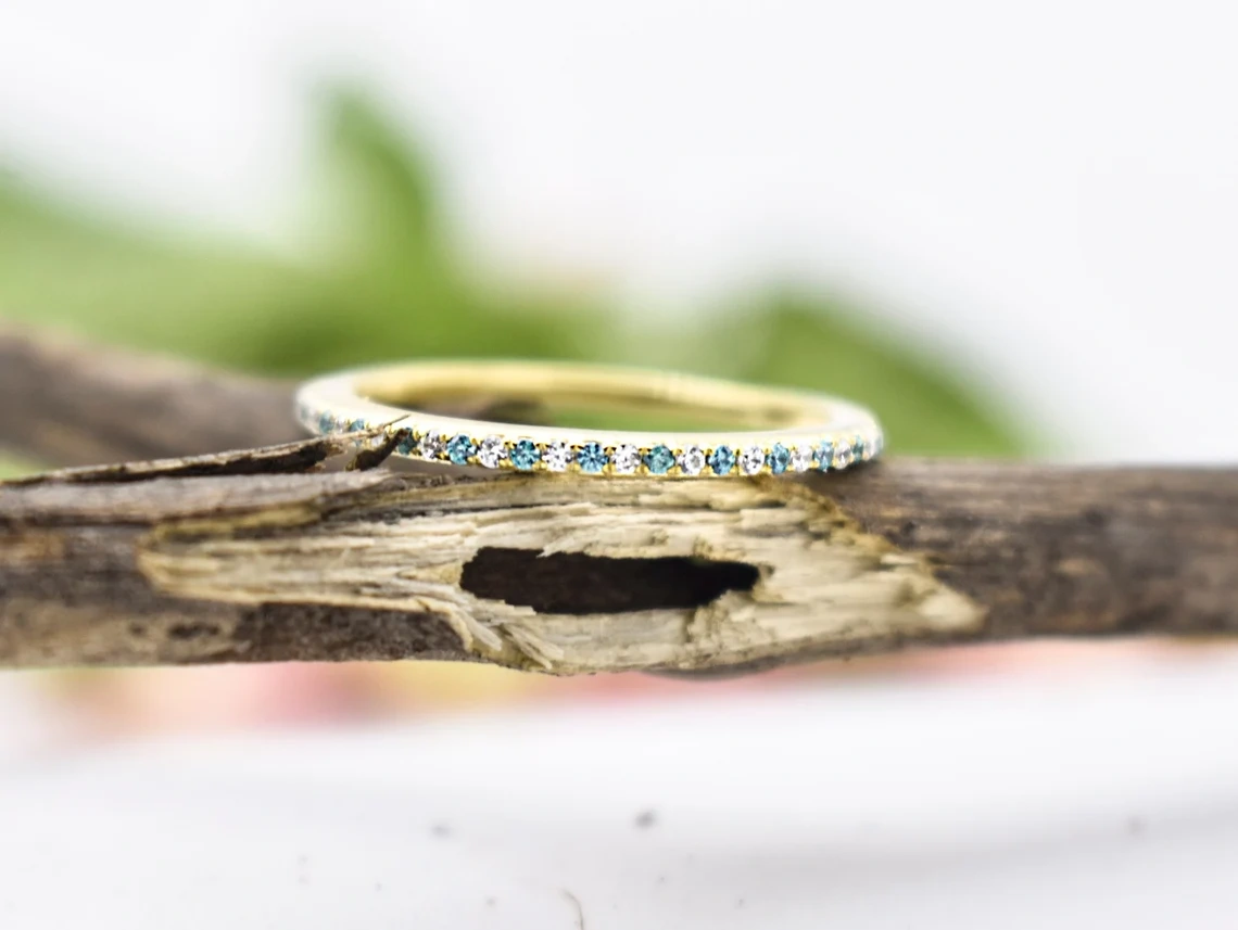 14K Solid Gold Blue Topaz Diamond Half Eternity Ring Tiny Precious Stacking Diamond Ring Dainty Minimal Statement Birthstone knuckle Ring-11390982