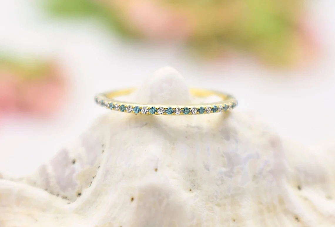 14K Solid Gold Blue Topaz Diamond Half Eternity Ring Tiny Precious Stacking Diamond Ring Dainty Minimal Statement Birthstone knuckle Ring-10 3/4 US/Uk size – V-1