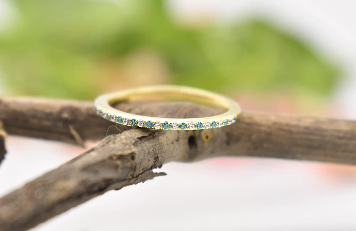 14K Solid Gold Blue Topaz Diamond Half Eternity Ring Tiny Precious Stacking Diamond Ring Dainty Minimal Statement Birthstone knuckle Ring-10 3/4 US/Uk size – V-5