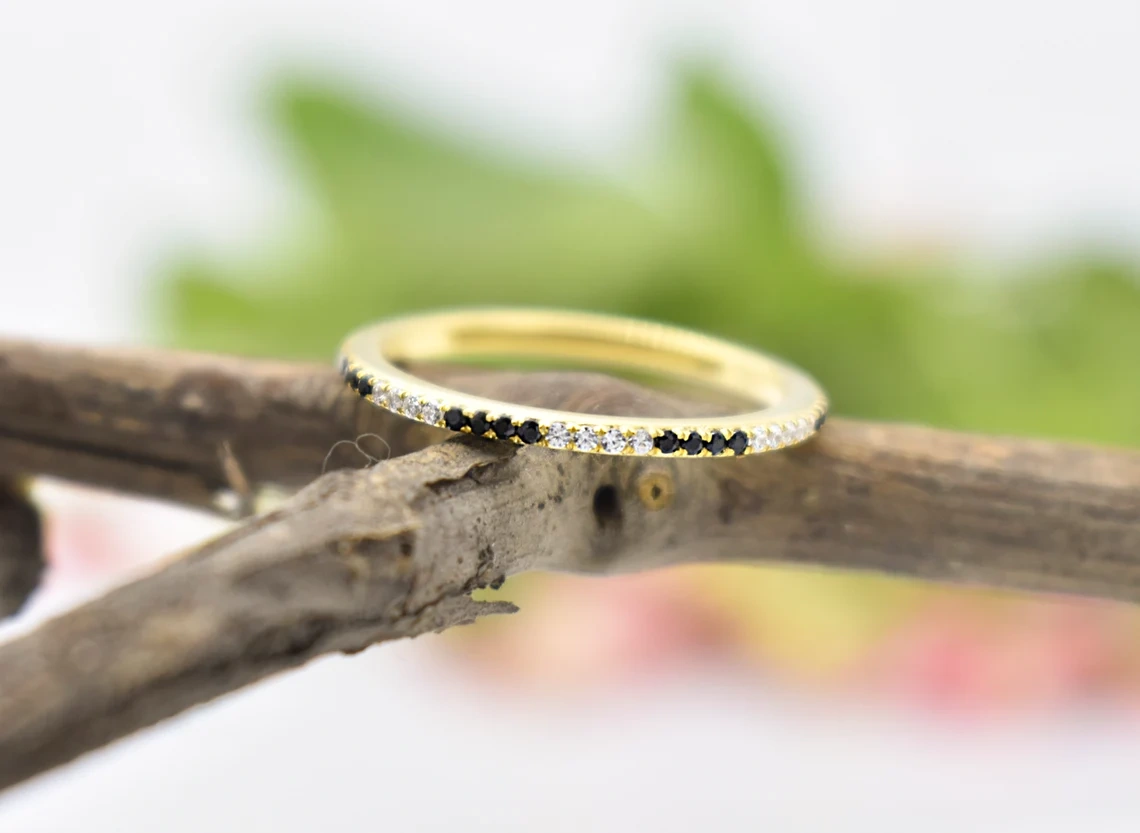 14K Solid Gold Black Diamond and Diamond Half Eternity Ring Precious Stacking Diamond Ring Dainty Minimal Statement Birthstone knuckle Ring-10 3/4 US/Uk size – V-2